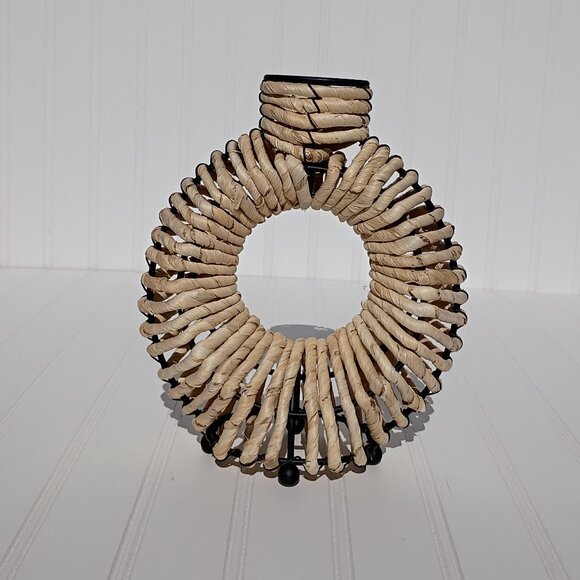 Vintage Wrought Iron Rattan Wrapped Donut Vase Boho Southwestern Candle Holder - Picture 3 of 12